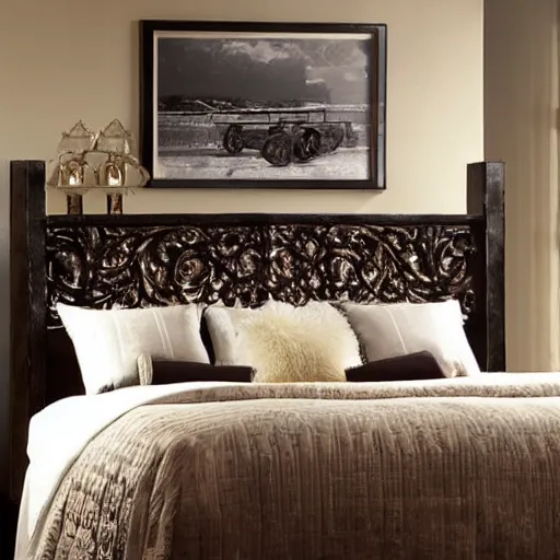 Image similar to award-winning catalog photo modern headboard in the shape of an ornate fireplace mantel master bedroom