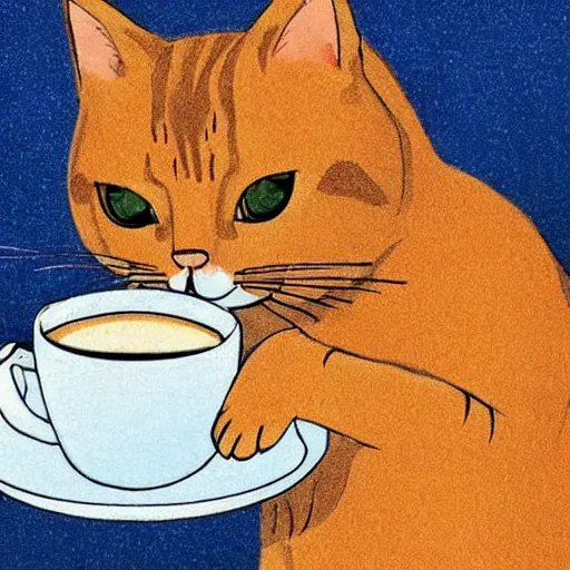 Image similar to a beautiful cat is drinking coffee