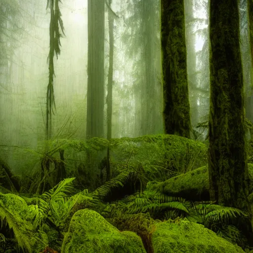 Prompt: pacific northwest rain forest, green, brown, realistic, monster hidden in background, photograph, twilight, fog