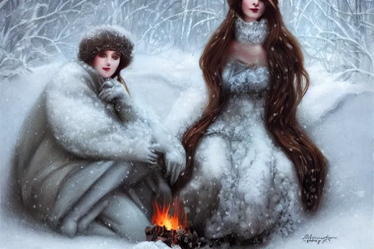 Prompt: a beautiful woman made out of snow and ice sitting by a campfire and slowly melting, by monia merlot and tom bagshaw