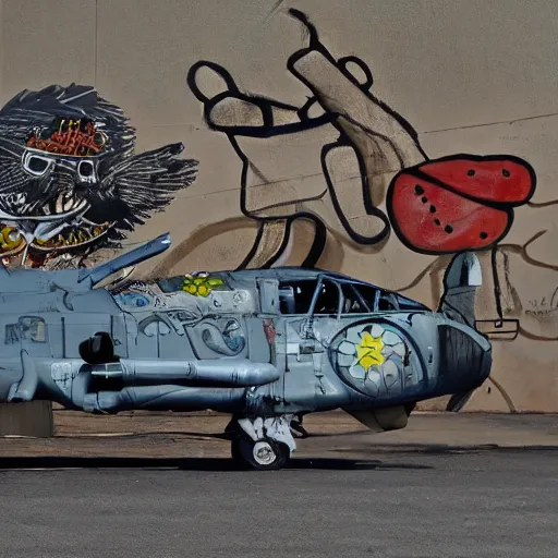 Image similar to Fairchild A-10 Thunderbolt warthog covered in street art, in bone yard