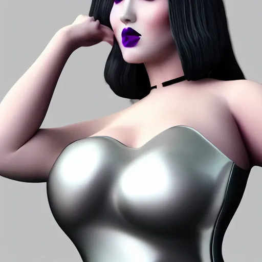 Prompt: portrait of a curvy feminine hot pale goth woman with elegant tight silver nylon latex and silk outfit, thin waist, black lipstick and purple makeup, photorealistic, sublime, 16k, smooth, sharp focus, cgsociety, ArtStation, volumetric lighting