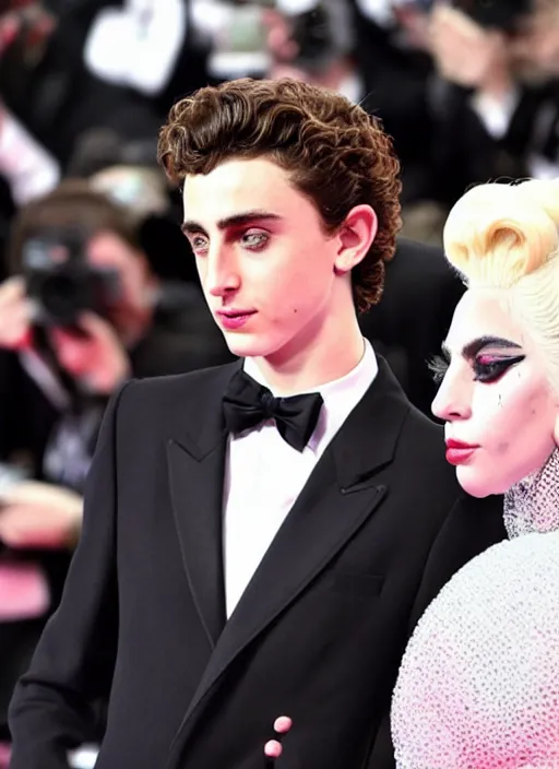 Image similar to timothee chalamet with lady gaga on a red carpet, canon, highly realistic. lady gaga, high resolution. highly detailed 8 k. 4 k.