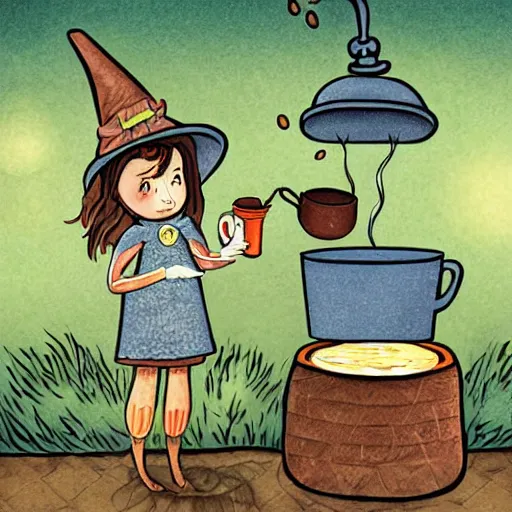 Image similar to an adorable kitchen witch brewing coffee in a cauldron, bokeh swirling steam, children's book illustration by Tony DiTerlizzi