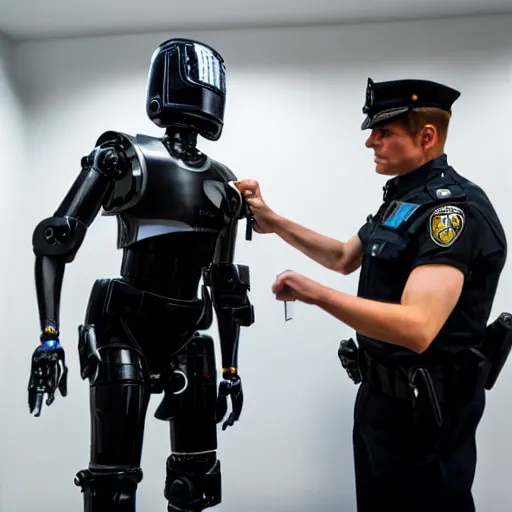 Image similar to robocop arresting british person, detailed facial expression