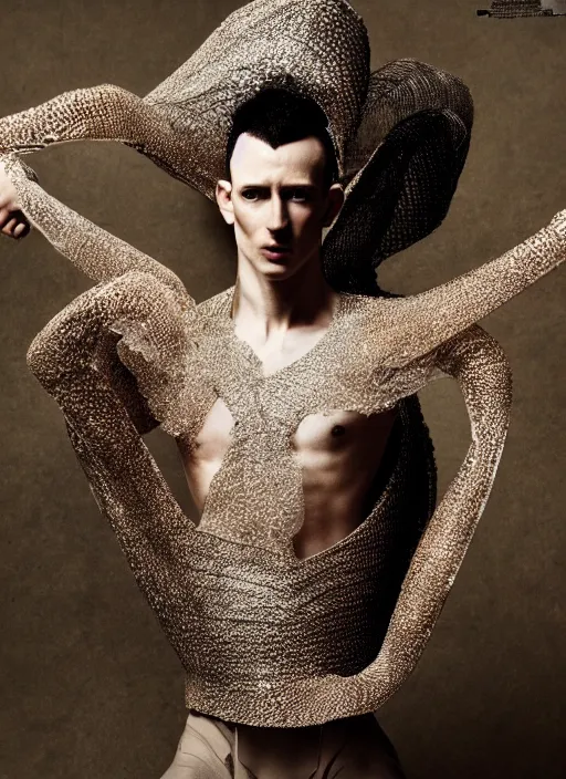 Image similar to a beautiful male dancer wearing iris van herpen couture, photographed by erwin olaf for vogue