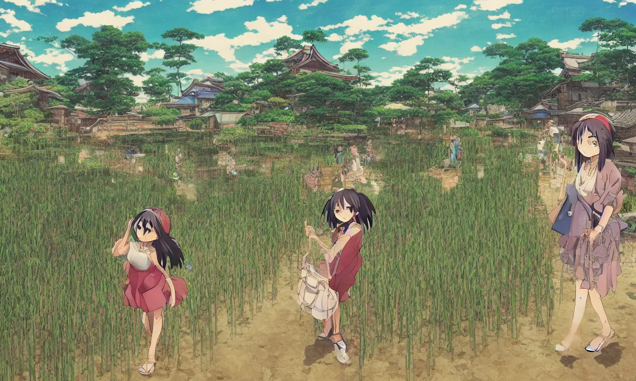 Image similar to an anime painting of a girl waking in a Japanese village, short buildings and paddy fields, by Studio Ghibli, trending on artstation