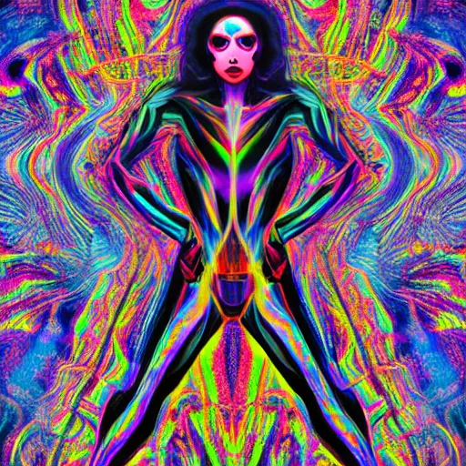 Image similar to long Shot of psychedelic Black widow standing in mysterious chromatic astral temple , beautiful, dmt, omnious, soft, hypermaximalistic, high details, cinematic, 8k resolution, artwork by Wong, Liam