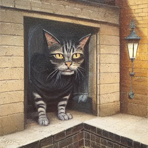 Image similar to detailed face of an intelligent scholarly cat with kind eyes in a architectonic victorian courtyard at a science expo, atmospheric, ambient, pj crook, syd mead, livia prima, artgerm, greg rutkowski, nick alm, casey baugh