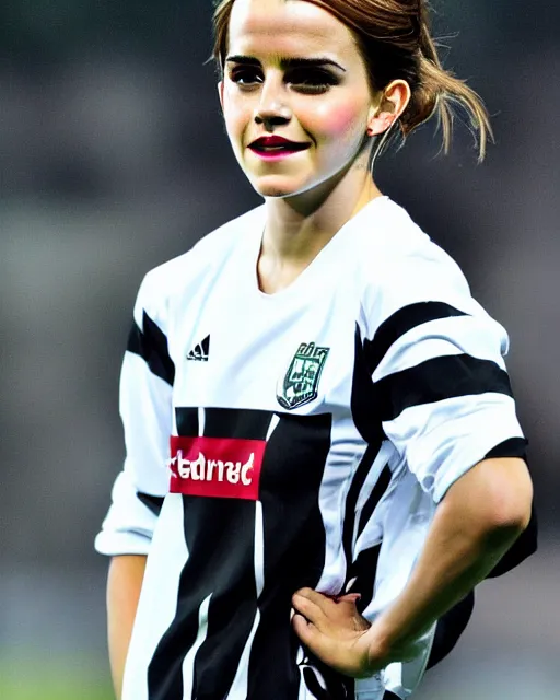 Image similar to a portrait of emma watson as a lokomotiv football player, hyper realistic