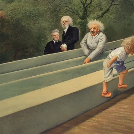 Image similar to painting of albert einstein going down a large slide in a public park with many children, by caspar david