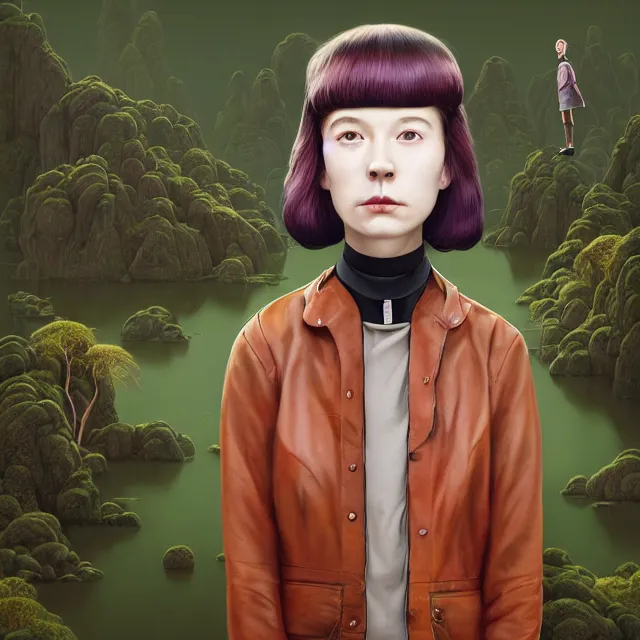 Image similar to portrait of alone androgynous girl wearing bakelite leather jacket, bakelite rocky mountains, moss green japanese haunted forest background, ultrafine hyperdetailed illustration by hsiao - ron cheng and artgerm, modular synthesizer 8 0 s sony stereo helmet backpack, the grand budapest hotel, glow, no crop, digital art, artstation, pop art