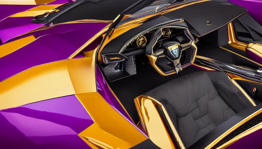 Image similar to purple and gold lamborghini galardo, black interior, hyperdetailed, artstation, cgsociety, 8 k