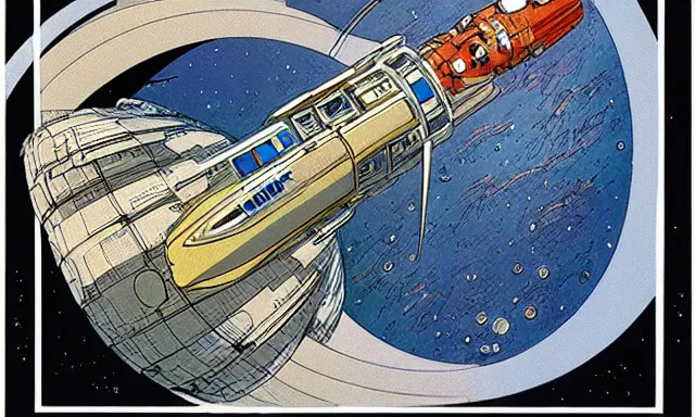 Image similar to spaceship, orbit of mars, michael kaluta