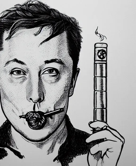 Image similar to a detailed fineliner drawing of elon musk smoking a joint