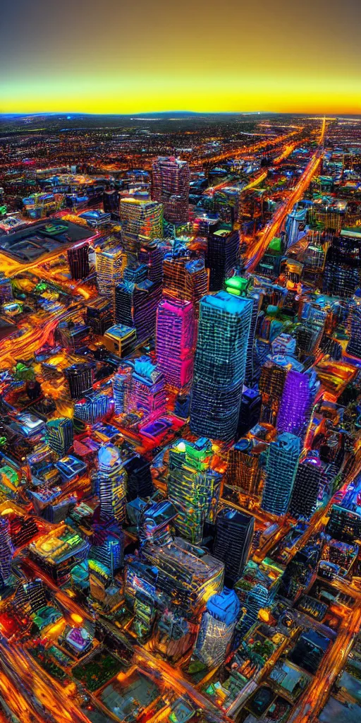 Image similar to hyper realistic photo of calgary downtown city view, 8 k, hyper realistic, fractal art, art station, coherent design, symmetrical, vivid colour, complementary colour, golden ratio, detailed, sharp lines, intricate, rainbow shift, in unreal 3 d engine, ray tracing, octane render