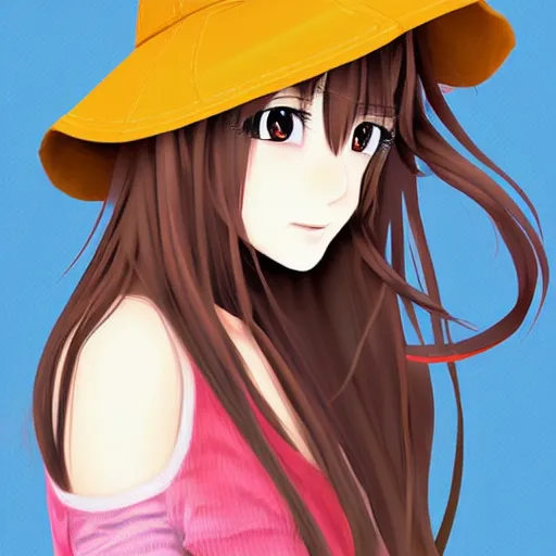 Image similar to portrait of cute anime girl with long brown hair with a frog bucket hat, digital art