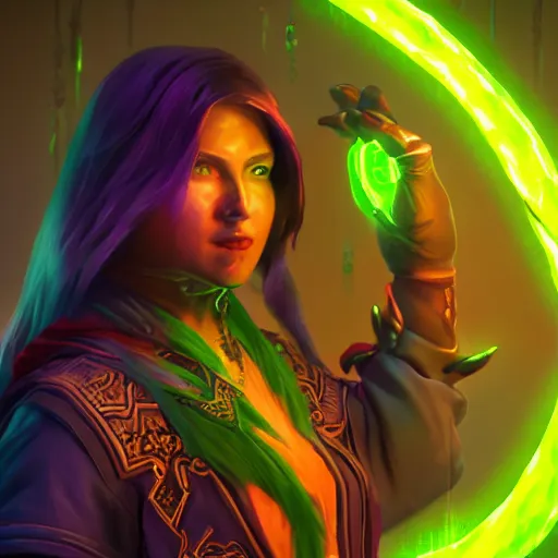 Image similar to a oil art portrait of young mage with neon magic in style of warcraft character, bard jester character sheet, 4 k, ultra detail, volumetric lighting, unreal engine, octane render, grimdark