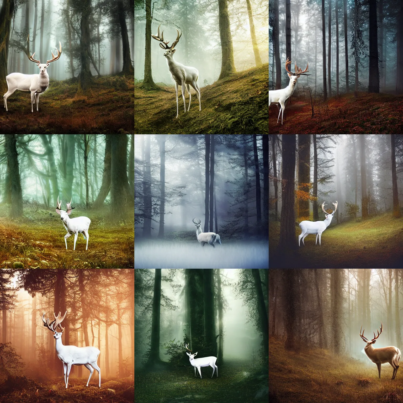 Prompt: a beautiful illustration of a white deer with huge antler in a forest, fantasy, morning light, mist, dreamy atmosphere, cinematic shot, high definition, detailed