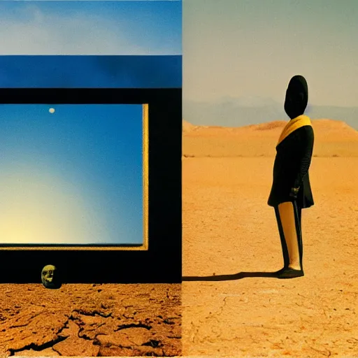 Image similar to levitating bene gesserit with full - face golden mask meeting salvador dali in a dry rocky desert landscape, visible sky and sunny atmosphere, fata morgana and giant square mirrors by alejandro jodorowsky, anamorphic lens, kodakchrome, practical effects, masterpiece, 8 k -