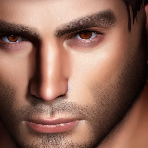 Image similar to attractive man face symettry masculine traits brown hair yellow eyes clean skin highly detailed highly realistic 8 k photo realistic