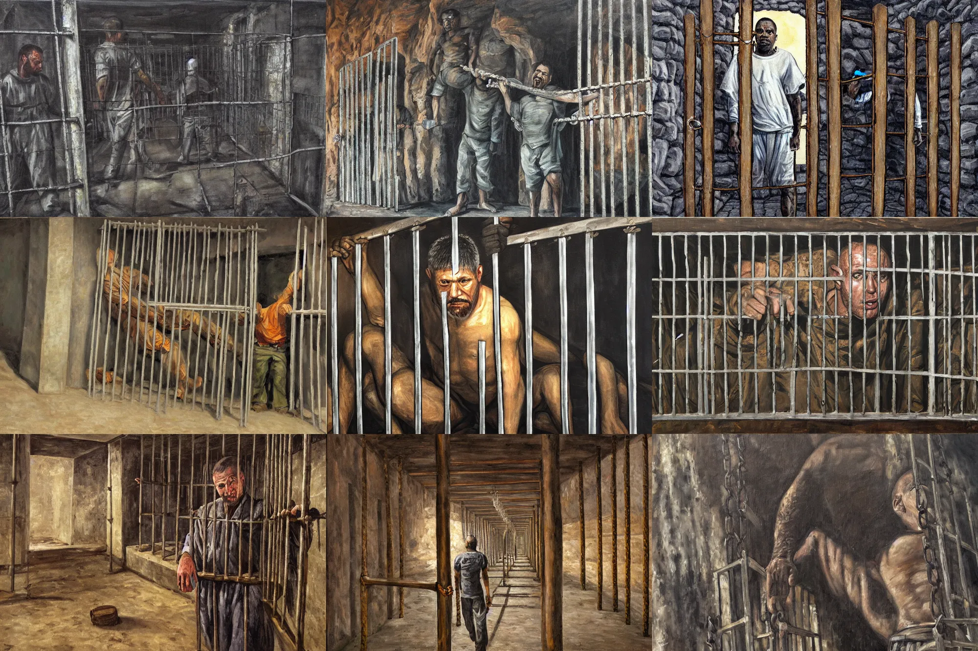 Image similar to ultra wide full length painting of a prisoner holding prison bars, cave prison, highly detailed, high resolution, oil in canvas