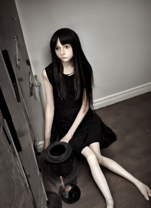 Prompt: a 1 4 year old girl eveline from resident evil 7 with straight long black hair wearing black dress that sitting on bathroom floor, model エリサヘス s from acquamodels, render in re engine