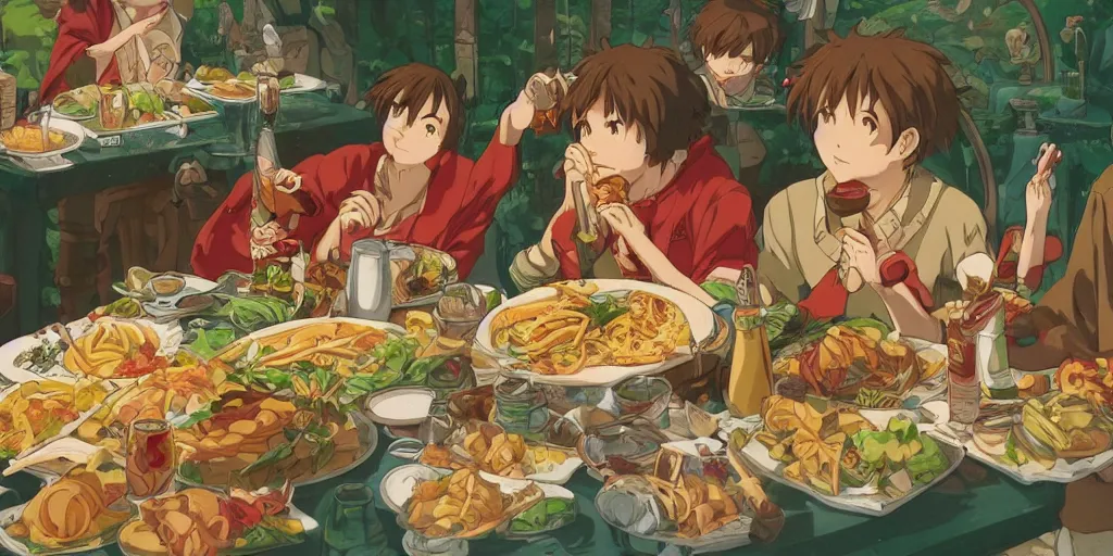 Image similar to A feast for a king, very detailed, anime, Delicious, Plump, Juicy, Hot Food, large white border, hd, high resolution print :1 Red, Gold and Green by Sachin Teng, Hayao Miyazaki, Nausicaa, studio Ghibli style, Anime wallpaper, cell shading, trending on deviant art :1