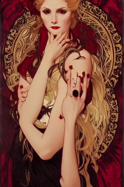 Image similar to female occultist, sweeping wild blonde hair, red eyes, portrait, high cheekbones, smug, evil, Victorian, black velvet dress, dark colors, ruby jewelry, fantasy painting, trending in Artstation, GSociety, by Alphonse Mucha, Charlie Bowater, Brom