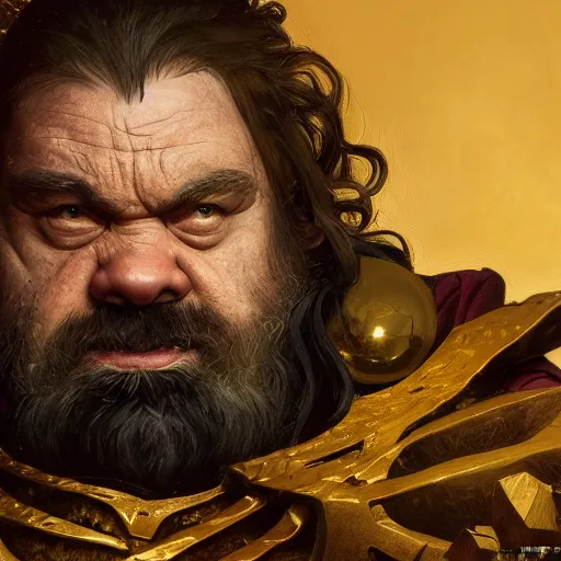 Prompt: portrait of a brutal dwarf hugging the humongous raw, unrefined sparkling gold nugget, lump of native gold, realistic, fantasy art, dnd, lord of the rings, medium shot, mid - shot, moody lighting, by greg rutkowski, alphonse mucha, artgerm, trending on artstation, concept art, sharp focus, octane render, cgsociety