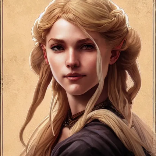 Image similar to an epic fantasy comic book style portrait painting of a young blonde girl thief, d & d, fantasy, joyful smirk, intricate, elegant, highly detailed, digital painting, artstation, concept art, matte, sharp focus, illustration, art by artgerm and greg rutkowski and alphonse mucha