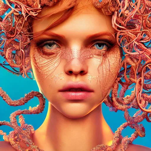 Image similar to the portrait of an unbelievably beautiful woman partially made of onion rings, an ultrafine detailed illustration by james jean, final fantasy, intricate linework, bright colors, behance contest winner, vanitas, angular, altermodern, unreal engine 5 highly rendered, global illumination, radiant light, detailed and intricate environment