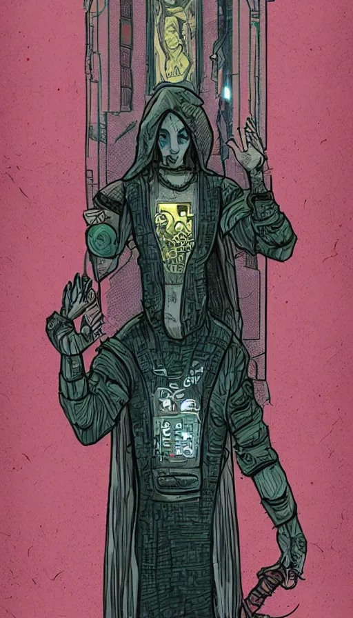 Prompt: a tarot card of the hermit, cyberpunk themed art, concept art