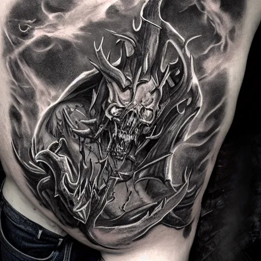 Prompt: diablo lord of terror, three quarter view from below, engulfed in flames, full body shot, detailed greyscale tattoo by Dmitriy Tkach