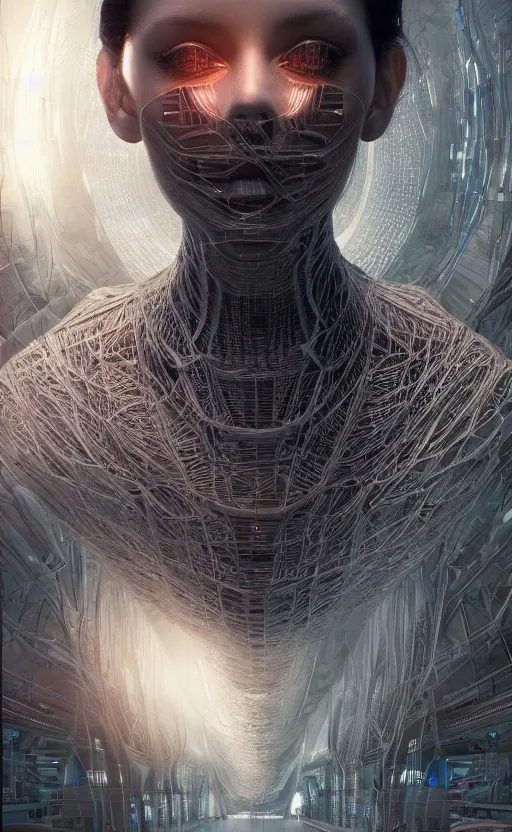 Prompt: Female in office dress, hyperrealistic mixed media, stunning 3d render inspired art by P. Craig Russell and Barry Windsor-Smith + perfect facial symmetry + dim volumetric lighting, 8k octane beautifully detailed render, post-processing, extremely hyperdetailed, intricate futuristic mechanic parts, epic composition, grim yet sparkling atmosphere, cinematic lighting + masterpiece, trending on artstation