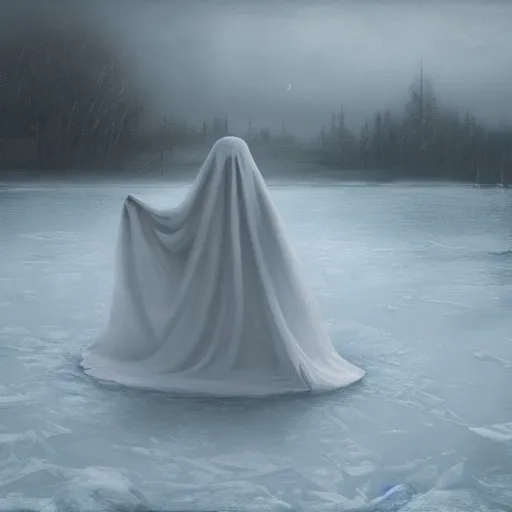 Image similar to ominous bedsheet ghost floating above a frozen lake, oil painting, brush strokes, gloomy foggy atmosphere, symmetrical, full body image, highly ornate intricate details,