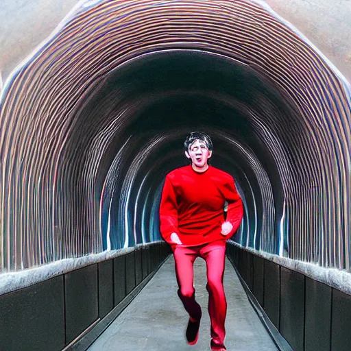 Image similar to terrified young man in a straightjacket running toward you in the Bund Sightseeing Tunnel, Shanghai, China by Alex Grey and Jeffrey Smith