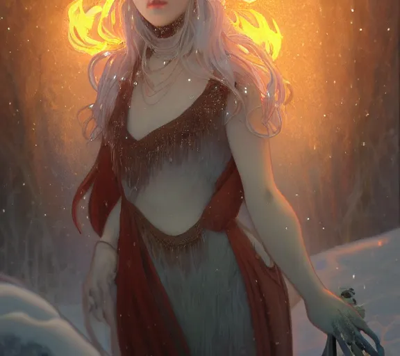 Image similar to beautiful ancient frost witch, fire in eye, snow glow, pool party, highly detailed, digital painting, artstation, sharp focus, illustration, art by tan zi and ayanamikodon and alphonse mucha and wlop