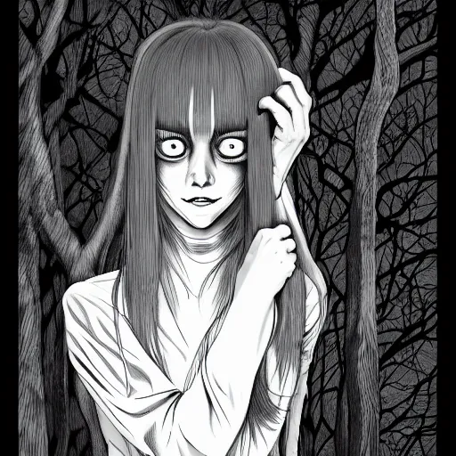 Prompt: in the style of junji ito, artgerm, shinsui ito, transparent ghost screaming, in the woods, moody lighting