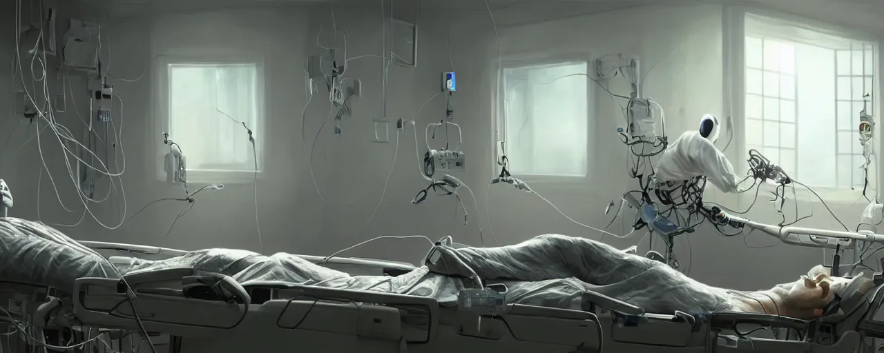 Prompt: an intricate concept art of a man in the hospital waking up in the future, experimental human robot, electronic wires connected to his body concept art, matte painting, style by dylan cole and tyler edlin art, hyper realistic, sci - fi, environment design, low - angle, unreal engine, epic lighting,