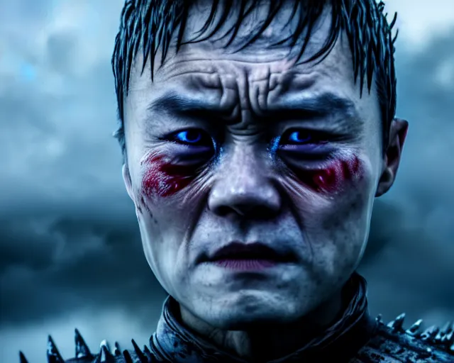 Image similar to justin sun crying as night king in game of thrones, extreme close - up of tears made of water, crimson - black bee army behind, 4 k, epic, cinematic, focus, movie still, fantasy, extreme detail, atmospheric, dark colour, sharp focus