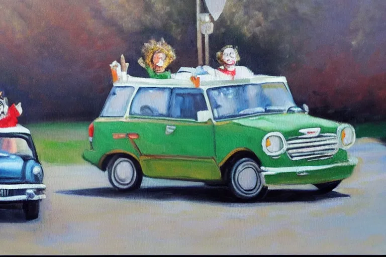 Image similar to “An oil painting of Richard Nixon driving a miniature clown car”