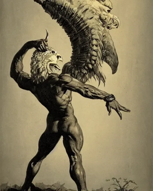 Image similar to human / eagle / lion / ox hybrid with two horns, one big beak, mane, human body. drawn by frank frazetta