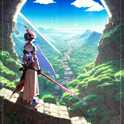 Image similar to the knight and the sword of rose petal, anime, castle core, mountains, rocky roads. by hayao miyazaki and rossdraws and artgerm and greg rutkowski and alphonse mucha and studio ghibli and ilya kuvshinov. high quality, stunning, intricate detailed environment. 8 k