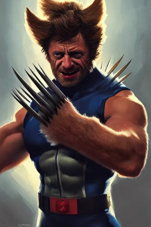 Image similar to Boris Johnson as Wolverine, shining claws, X man costume, portrait, highly detailed, digital painting, artstation, concept art, smooth, sharp focus, illustration, cinematic lighting, art by artgerm and greg rutkowski and alphonse mucha