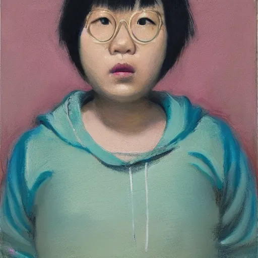 Prompt: portrait of a slightly overweight korean girl with a Bob cut, bedhead, wearing round glasses, wearing a pastel pink hoodie, oil on canvas, elegant pose, masterpiece, Jonathan Yeo painting