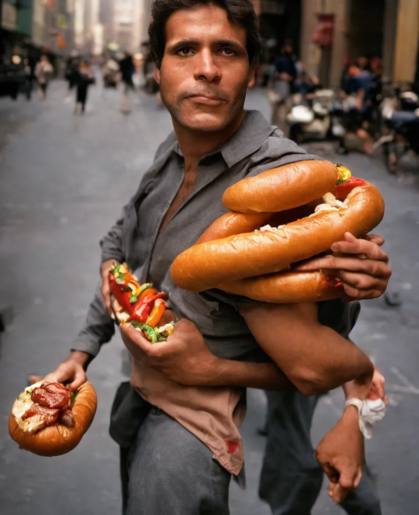 Image similar to closeup portrait of a man carrying a giant hotdog on his shoulder in a smoky new york back street, by Annie Leibovitz and Steve McCurry, natural light, detailed face, CANON Eos C300, ƒ1.8, 35mm, 8K, medium-format print