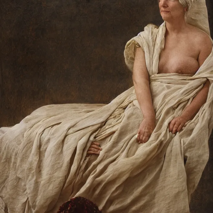 Prompt: a color photograph, closeup portrait of a woman wrapped in linen and silk, sitting on a plastic throne, in glacier national park in montana, color photograph, by vincent desiderio, canon eos c 3 0 0, ƒ 1. 8, 3 5 mm, 8 k, medium - format print