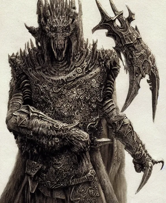 Image similar to beastman concept, wearing tribal armor, beksinski, wayne barlowe, adrian smith fantasy art, the hobbit art, the witcher concept art, trending on artstation,