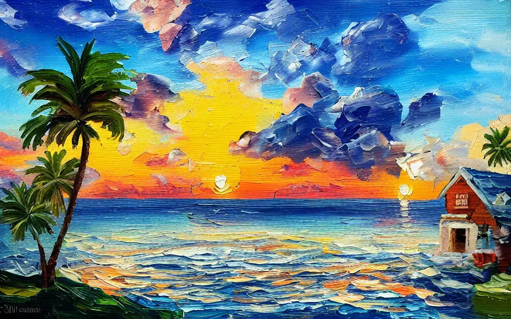 Image similar to in a sea is a tiny island with a cute cozy cottage with a terrace, a paved garden courtyard with benches and a fountain, palm trees, sunset, puffy clouds, dramatic and dynamic lighting, thick brush strokes oil impasto painting